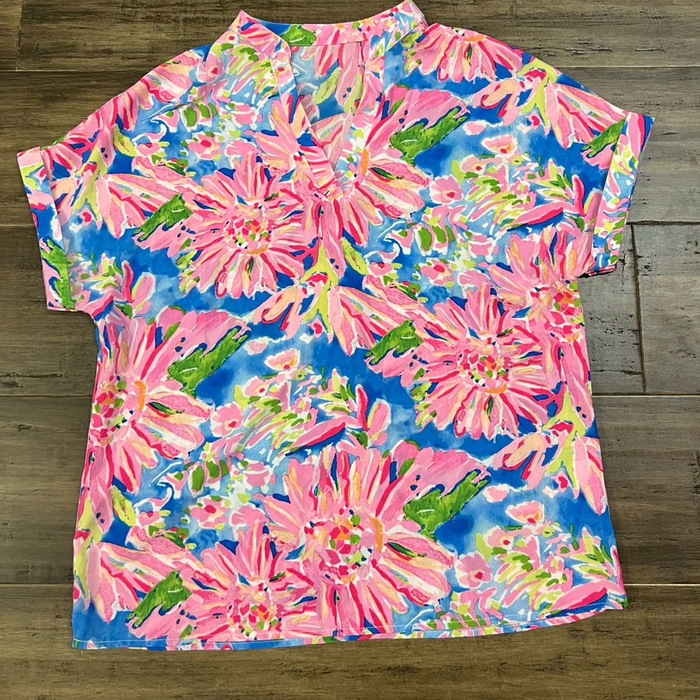 Ladies v neck short sleeve floral shirt blouse sz L